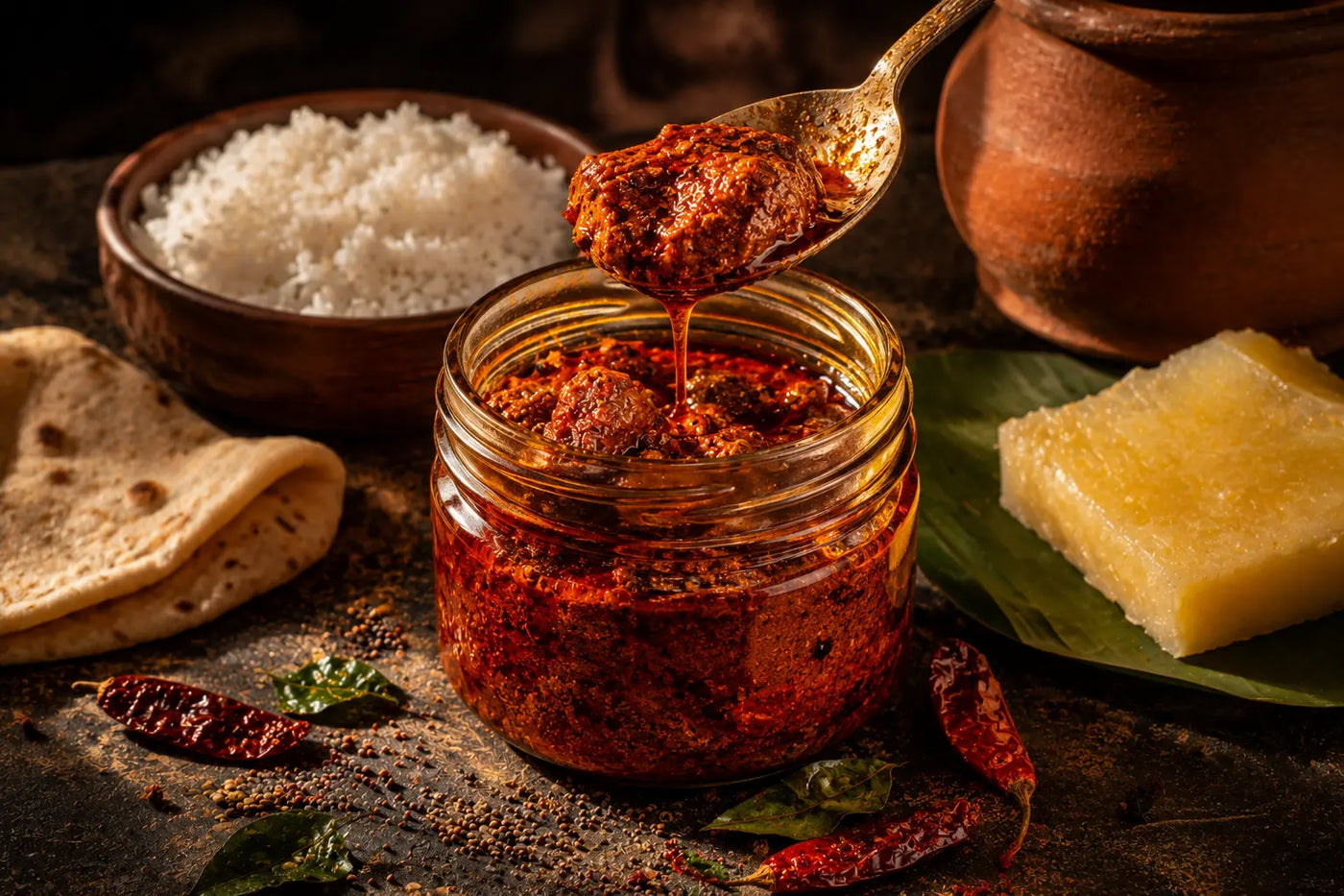 Spicy red paste in a glass jar with a spoonful above, surrounded by ingredients on a rustic surface.