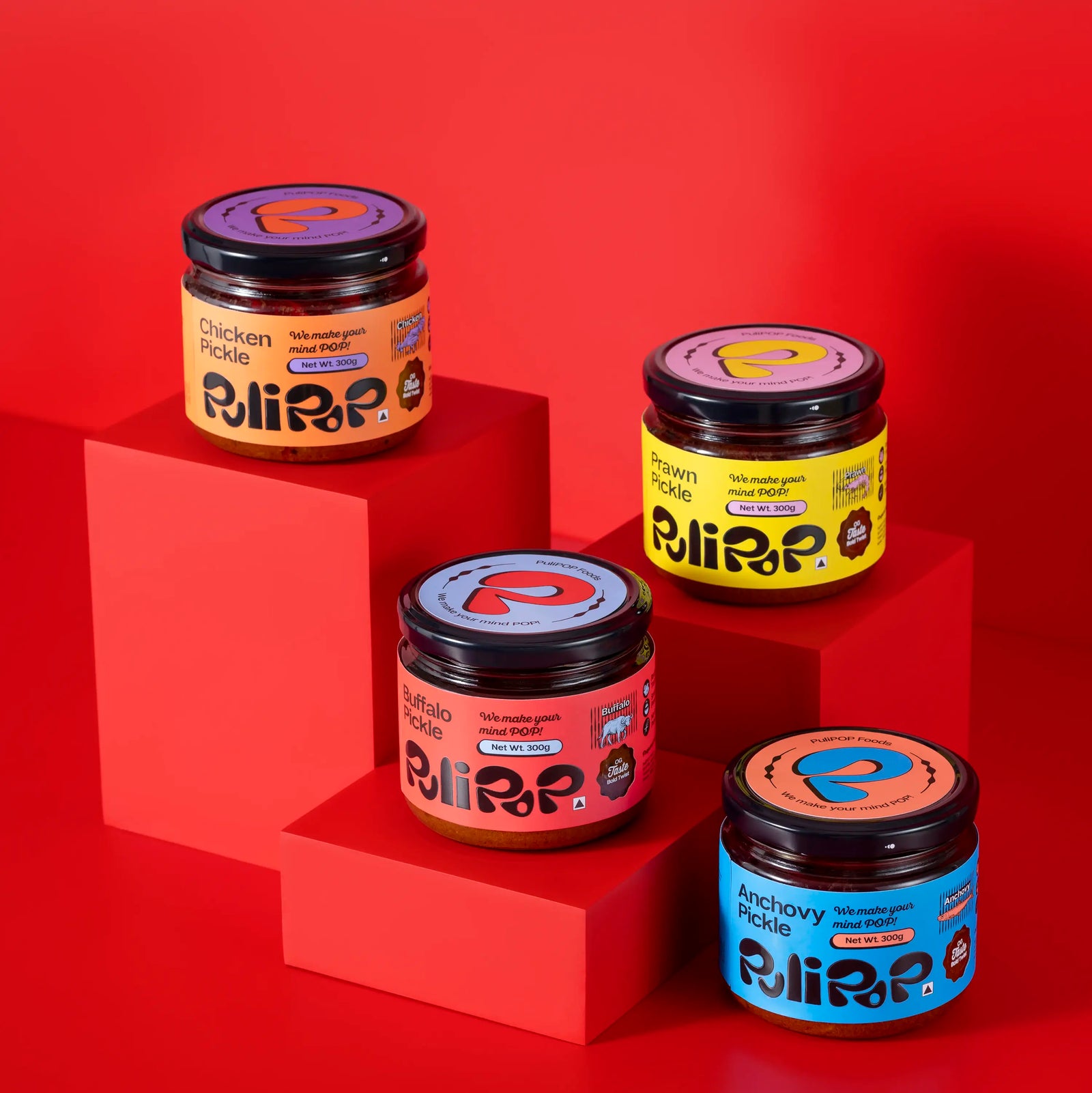 The POP Quartet bundle by PuliPOP showing all four pickles: Chicken, Prawn, Buffalo Beef and Anchovy